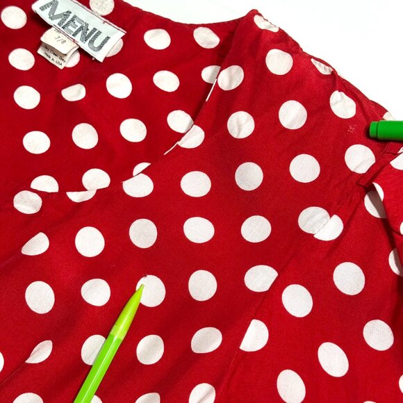 Vtg 80s MENU Polka Dot Peplum Blouse Puff Sleeves Sweetheart Red White Office - Picture 13 of 13